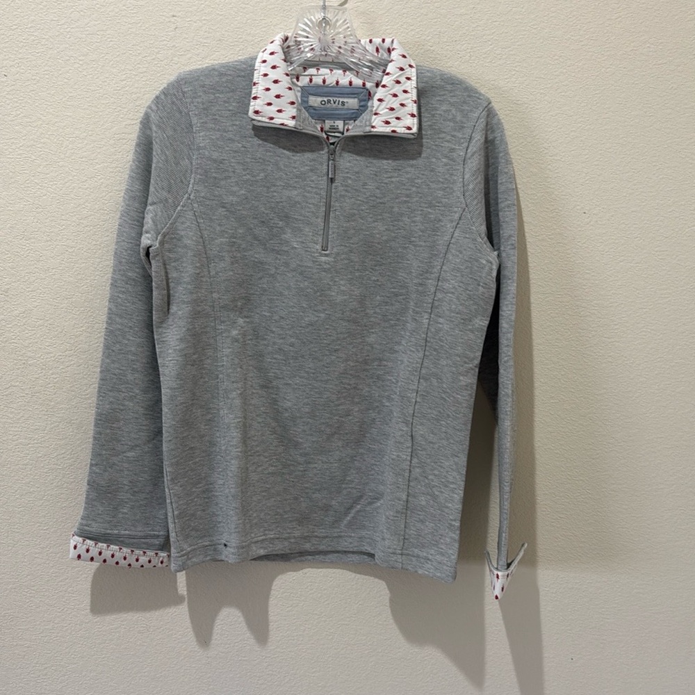 New Orvis Gray Quarter-Zip with Red Patterned Collar pullover